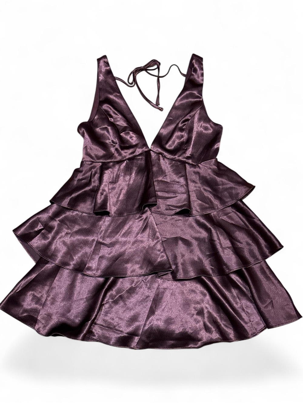 Lulus Tiers of Joy Plum Purple Satin Tiered Tie-Back Skater Mini Dress SZ. M